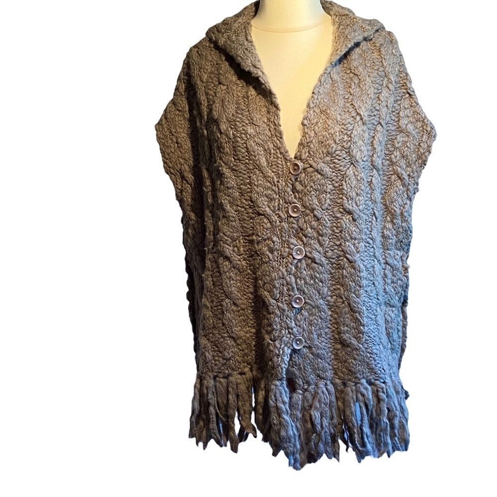 Anthropologie Laurie B Gray Hoodie Sweater Vest Cable Fringe L Stitch M/L 0325